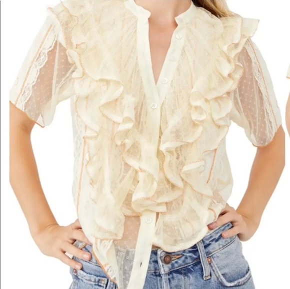 Free People Kisha Ruffle Sheer Short Sleeve Top Large Feminine Cottagecore - Picture 1 of 16
